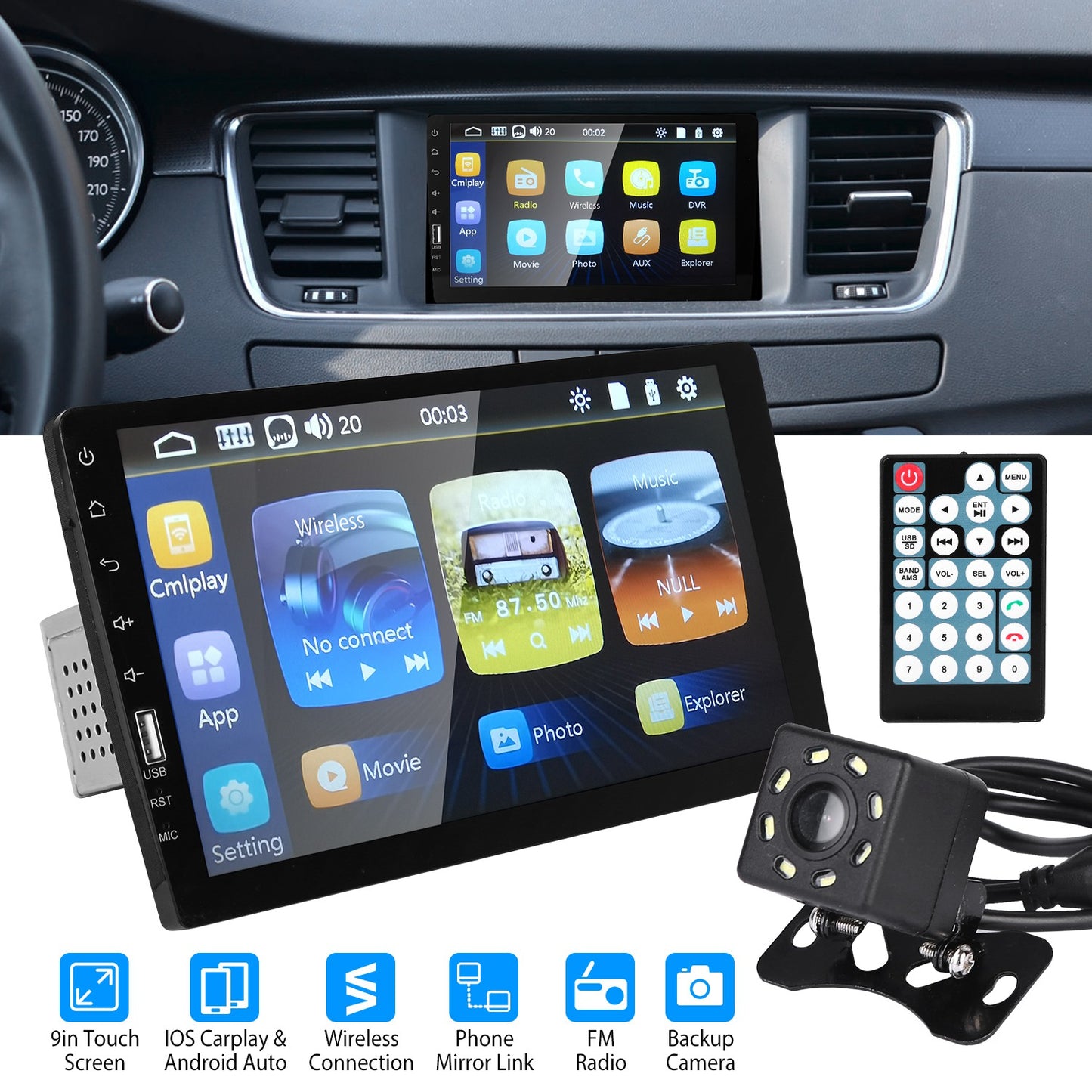 9in Car MP5 Stereo Player Touch Screen 1080P Wireless Car Radio FM USB AUX Back