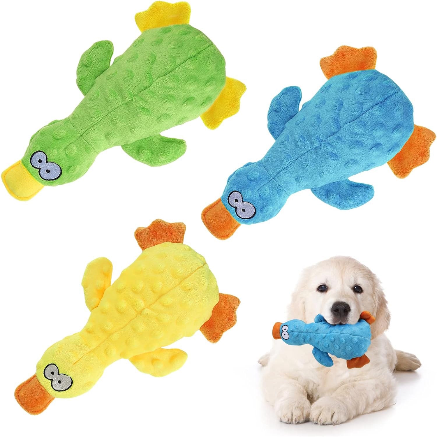3Pcs Duck-Shaped Dog Plush Toy With Squeaky Ball Crinkle Paper Cute Interactive
