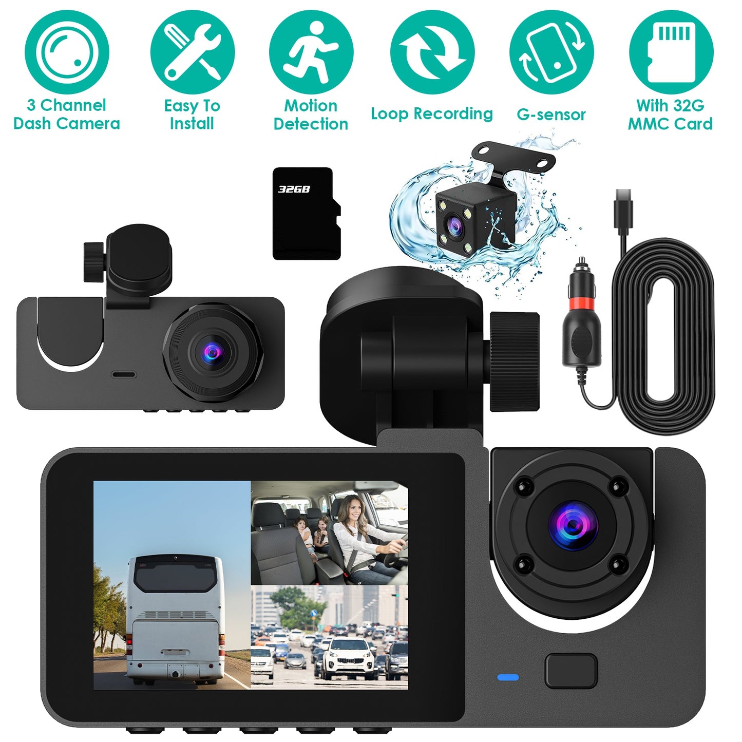 3 Channel Dash Cam Front Inside Rear Vehicle Driving Recorder Car DVR with 32G