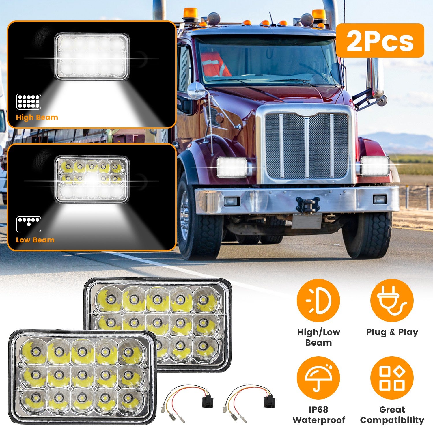 4x6in Car LED Headlights Vehicle Rectangular Headlamp with H4 Socket