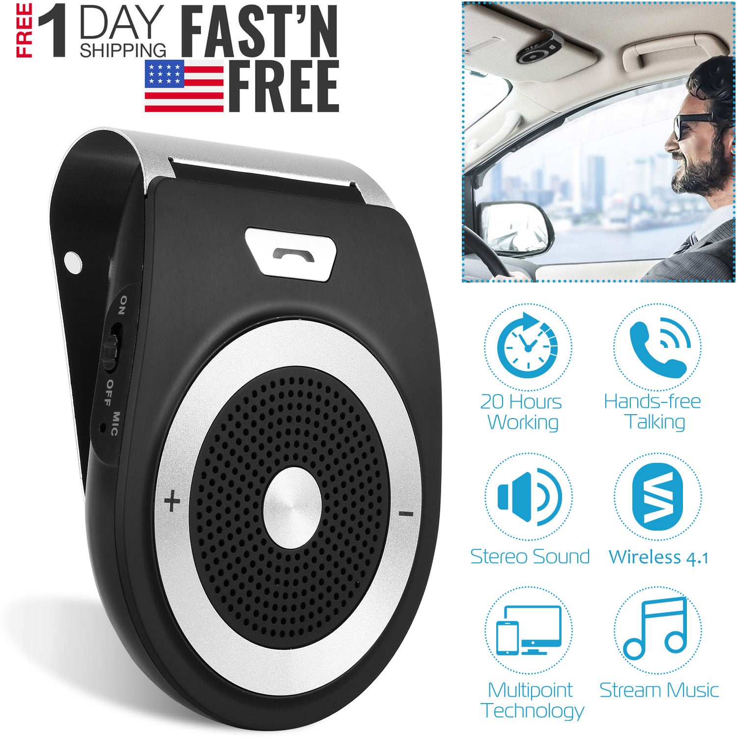 Car Wireless Speakerphone Wireless V4.1 In-Car Speaker Hands-free Calling Music