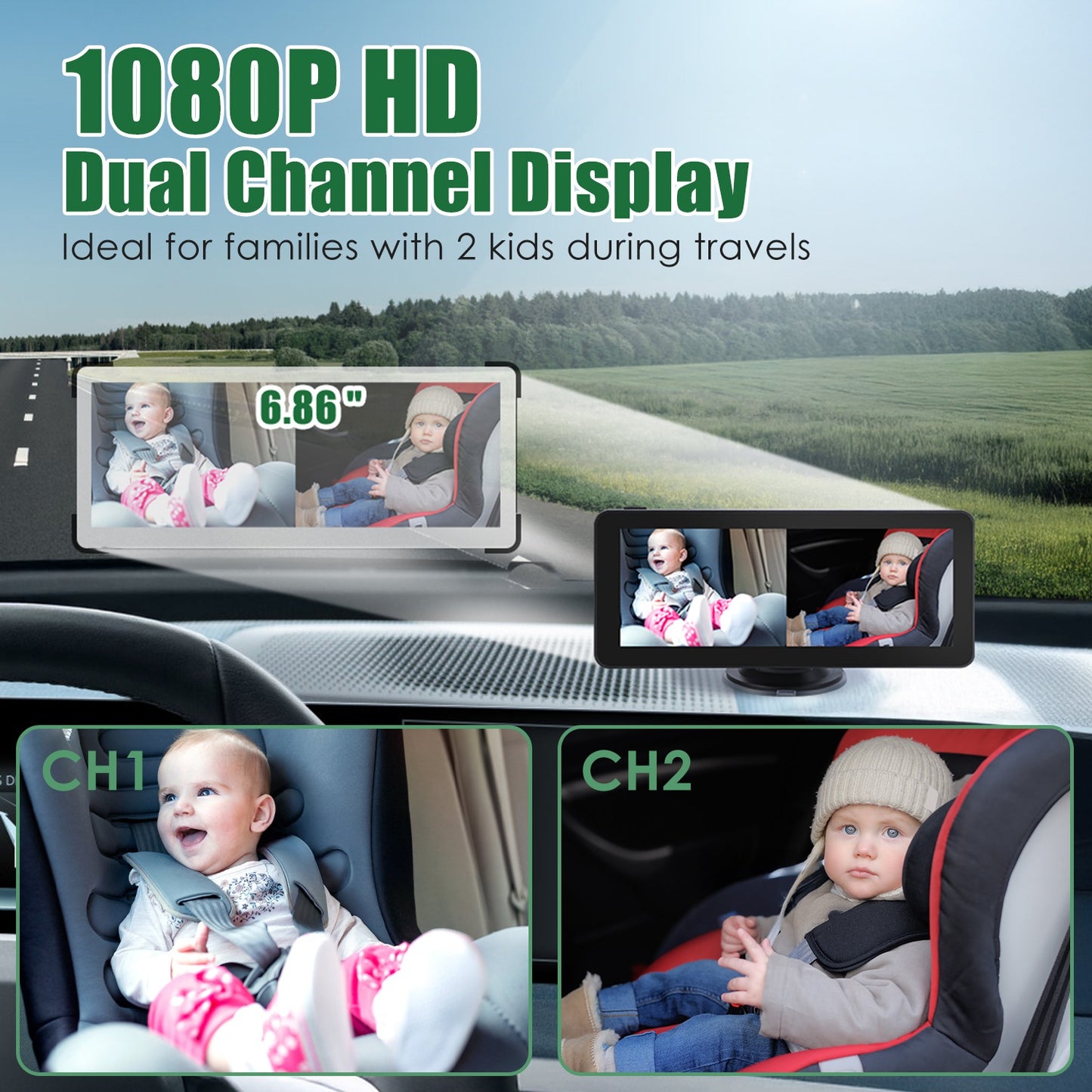 1080P Baby Car Camera for 2 Kids Dual Channel Car Baby Monitor Rear Facing Car