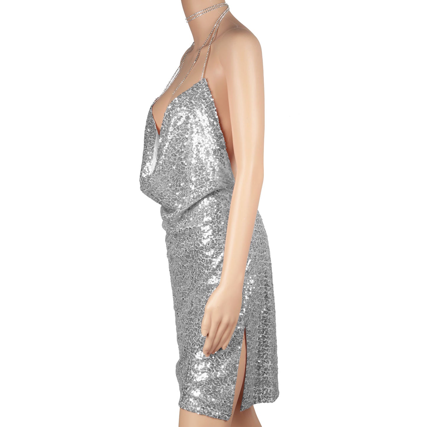 Sexy Women Chain Choker Side Slit Backless Slip Dress With Sequins Apparel &