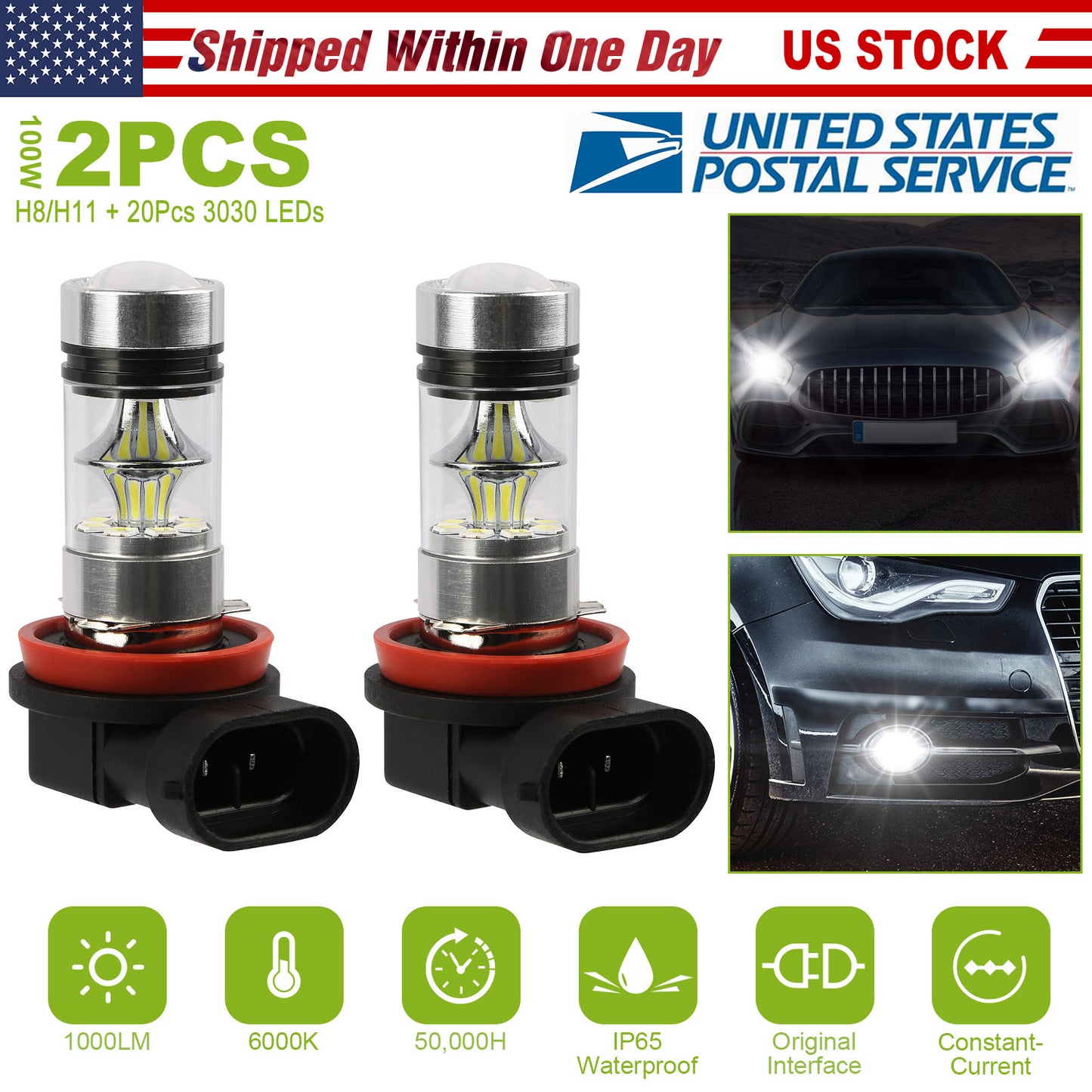 2PCS 1000lm 100W H8/H9/H11 LED Fog DRL Light Bulb IP65 Water-Resistant 360°