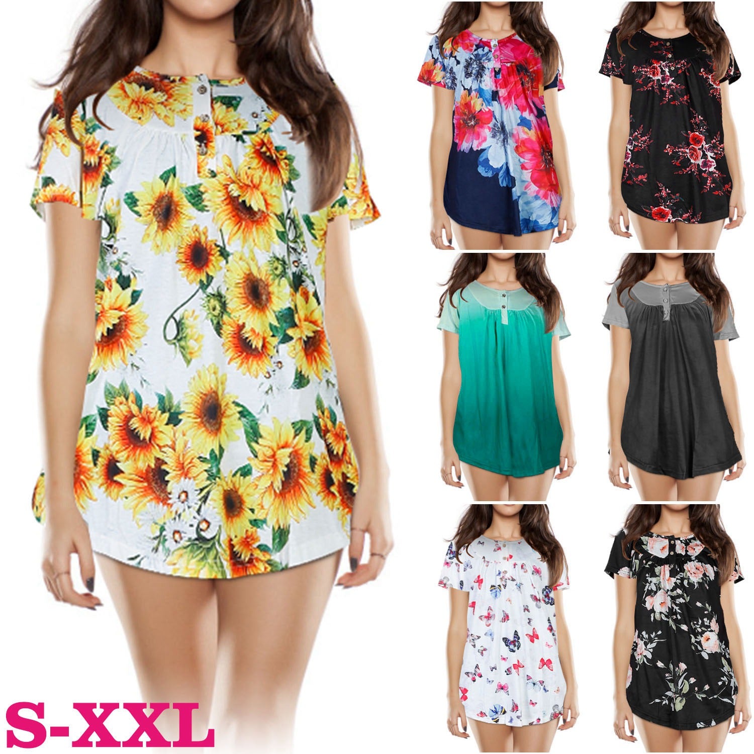 Women Summer Shirts Tops Loose Short Sleeve T Shirts Casual Floral Printed