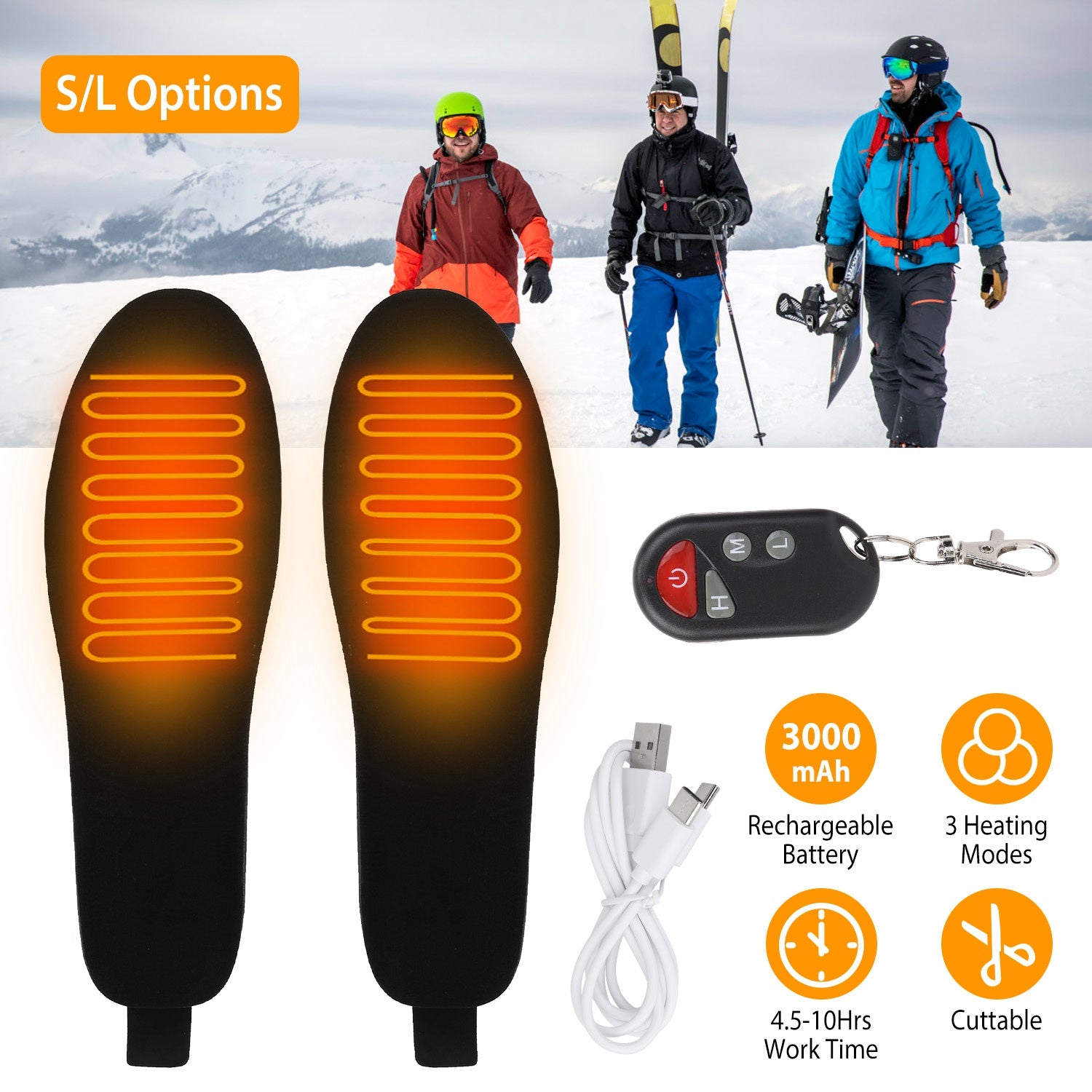 Heated Insoles Electric Heated Foot Warmer 3000mAh Rechargeable Battery Powered
