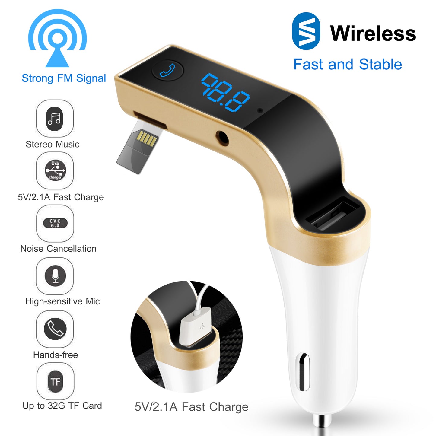 Car Wireless FM Transmitter USB Charger Hands-free Call MP3 Player TF Card