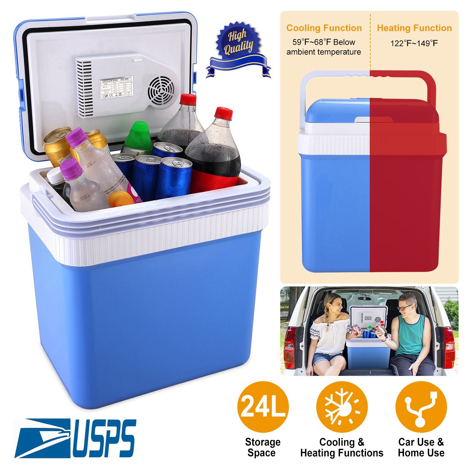 24L Portable Car Cooler 12V Car Refrigerator Travel Cooling Warmer Fridge Box