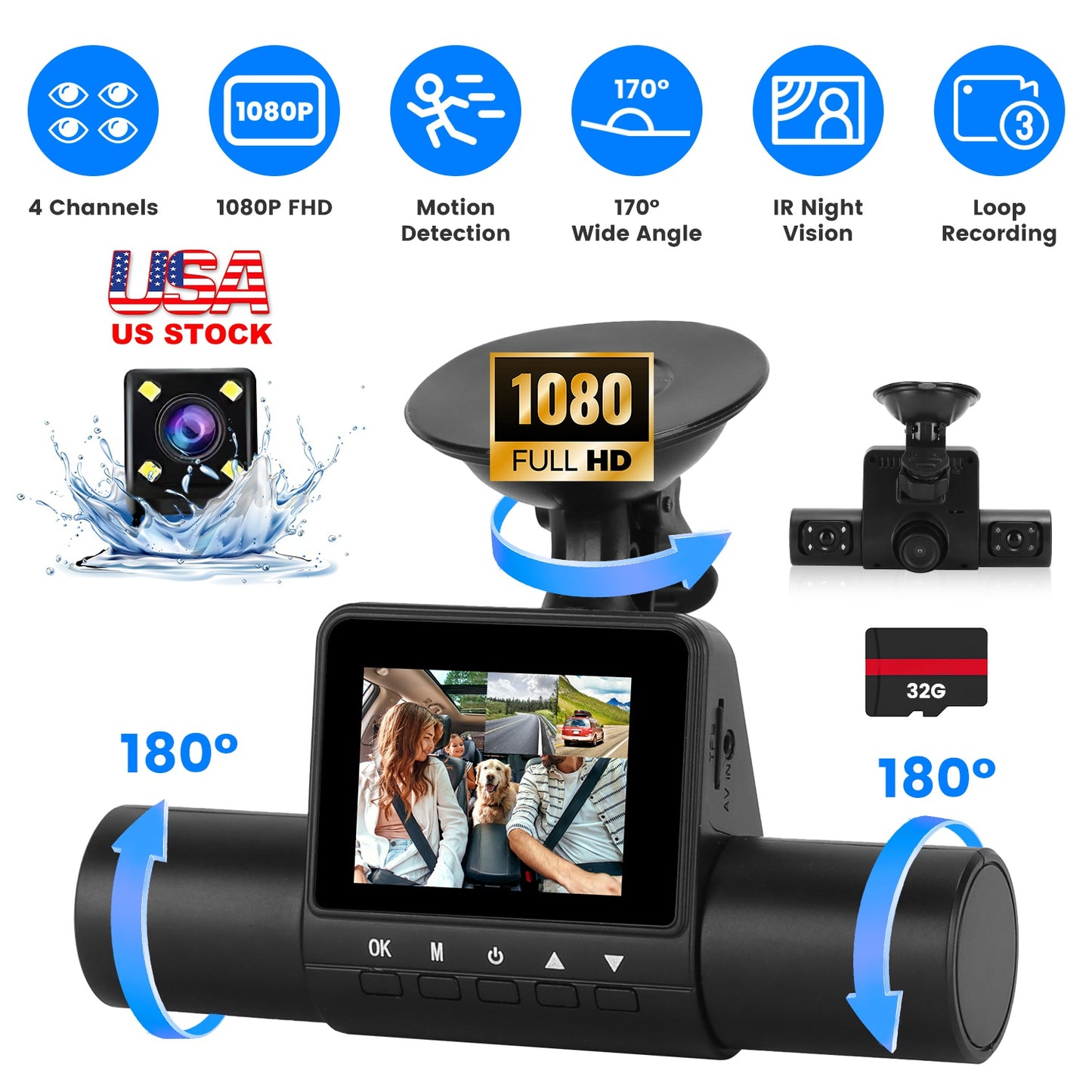 360° View FHD 4 Channel Dash Cam 1080P Front 480P Rear Left Right Inside Dash