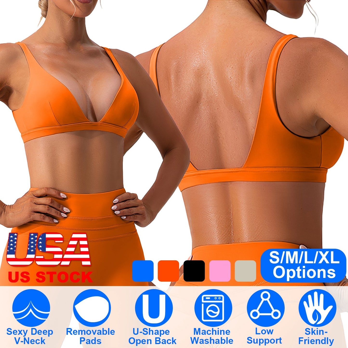 Women Deep V-Neck Sports Bras U-Shaped Back Sport Bras Padded Strappy Crop Open