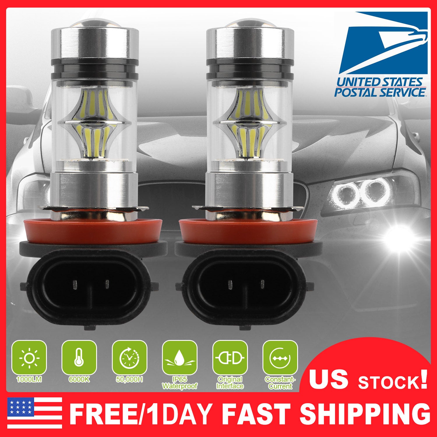 2PCS 1000lm 100W H8/H9/H11 LED Fog DRL Light Bulb IP65 Water-Resistant 360°