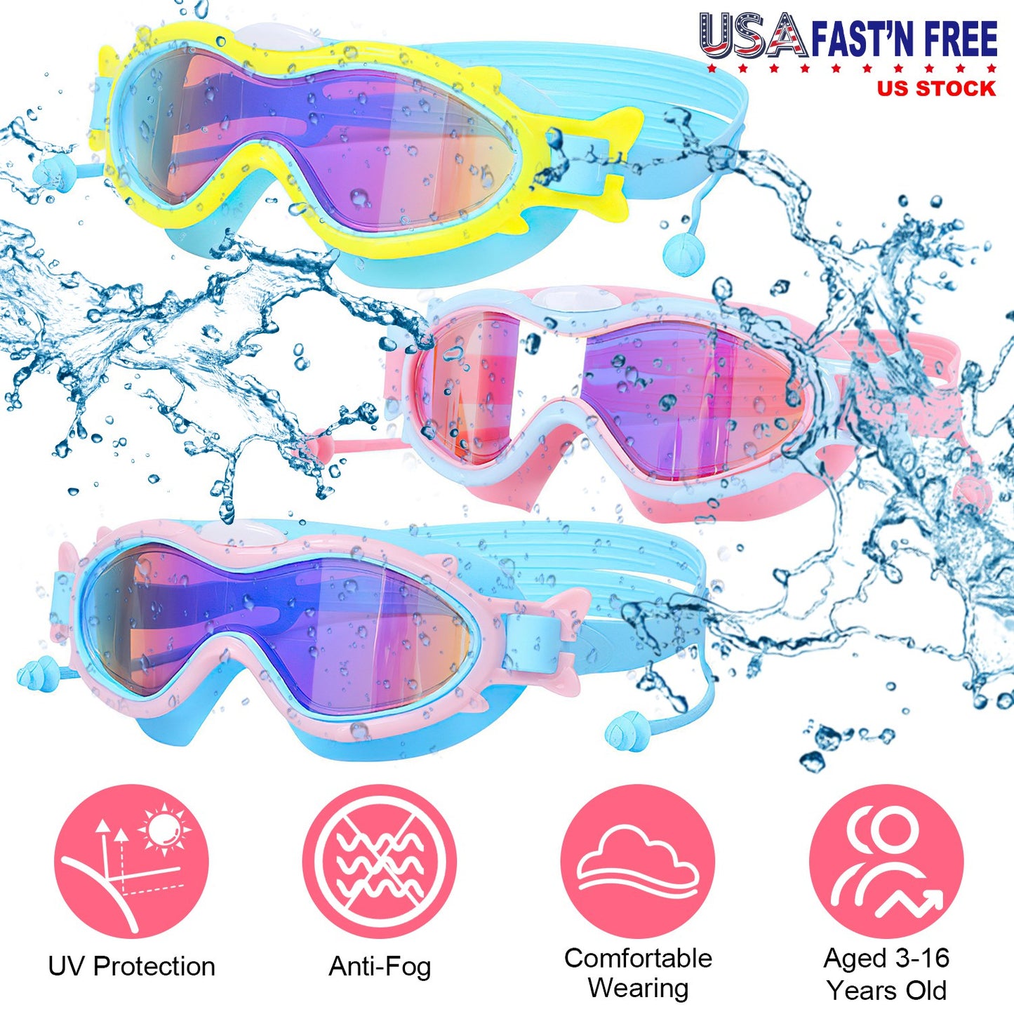 Kids Swim Goggles With Ear Plugs UV Protection Anti-Fog Leak Proof Wide View
