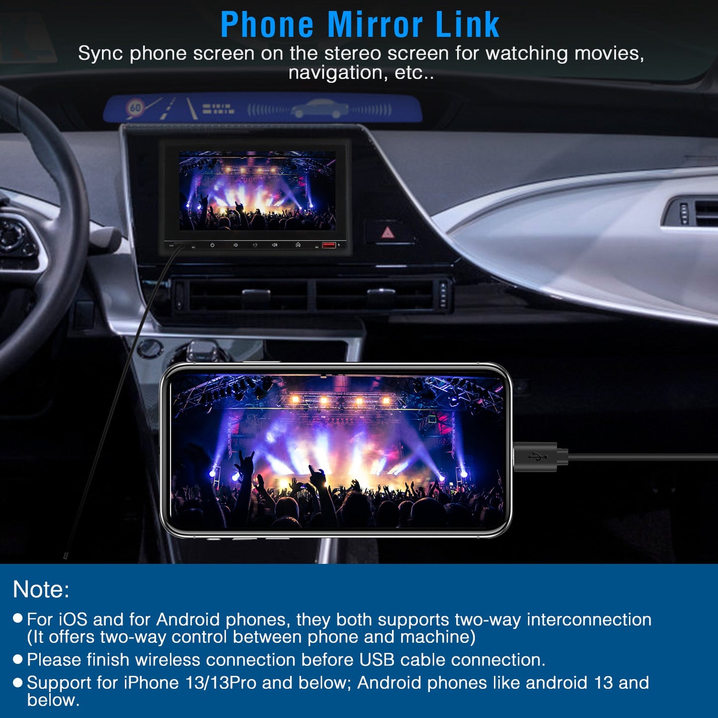 7In Universal Wireless Car MP5 Player 1080P Video Player Stereo Audio FM Radio