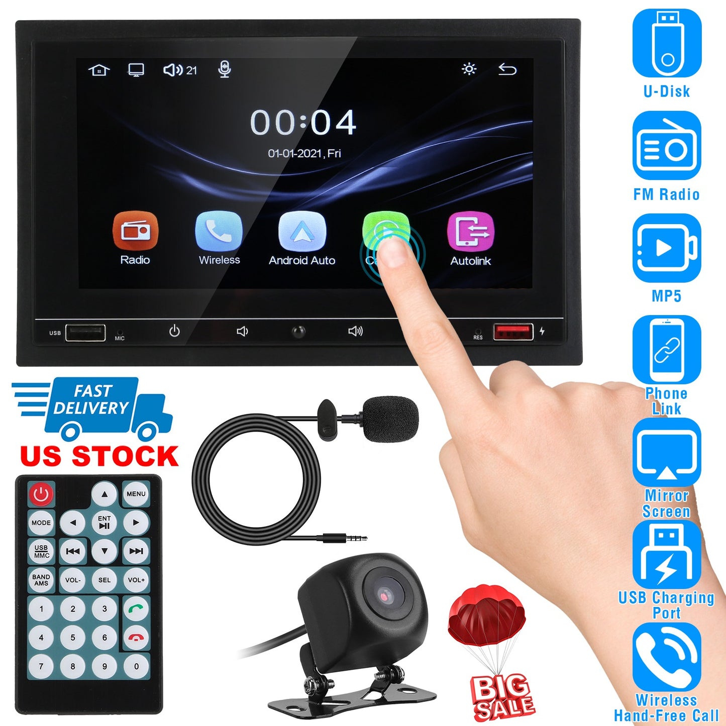 7In Universal Wireless Car MP5 Player 1080P Video Player Stereo Audio FM Radio