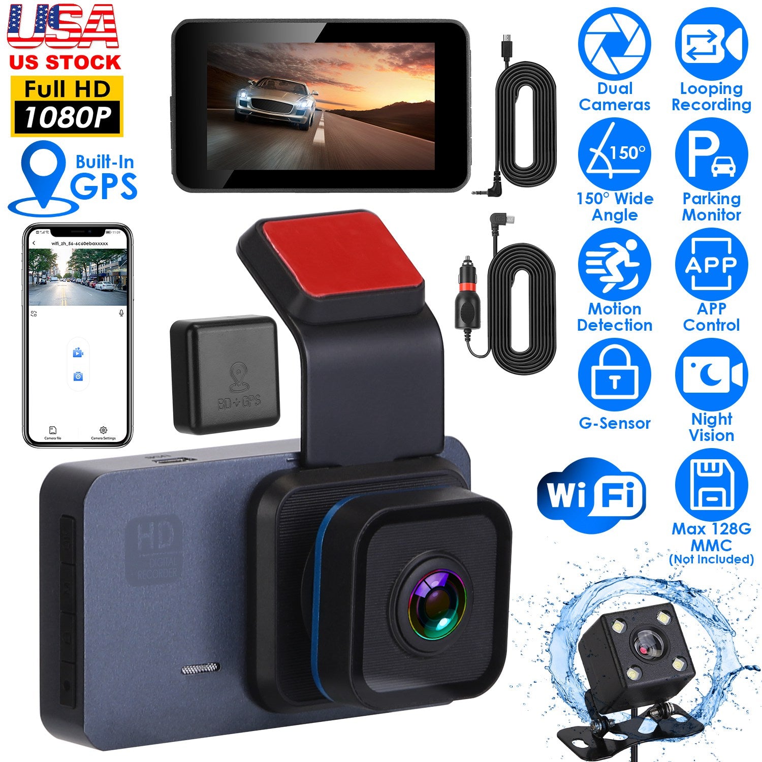 1080P Dual Lens Dash Cam Vehicle Driving Recorder Car DVR with WiFi GPS