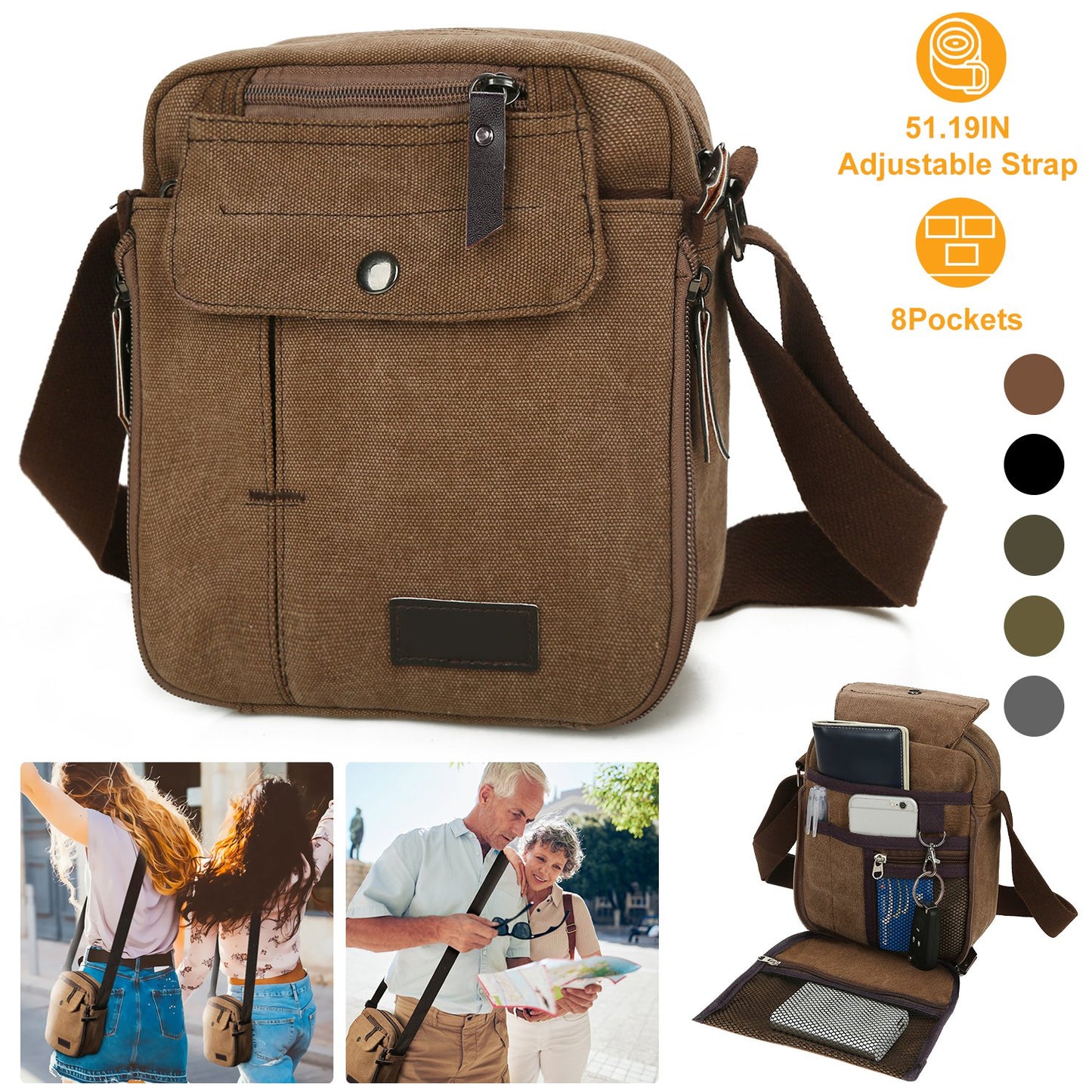Unisex Crossbody Bags Canvas Phone Tablet PC Shoulder Bag Credit Card Key