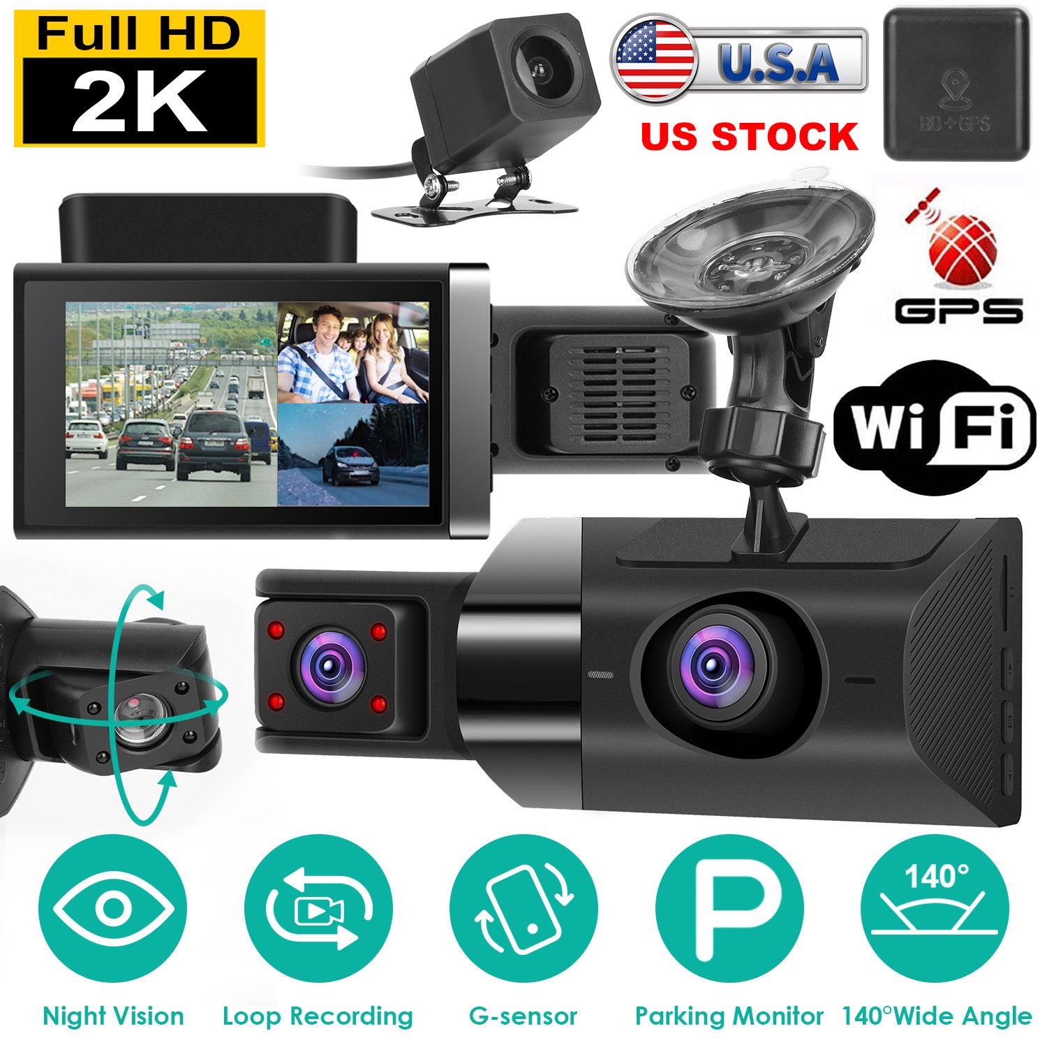 2K Car DVR 3 Channel Dash Cam Camcorder Camera Recorder with 140° Angle GPS