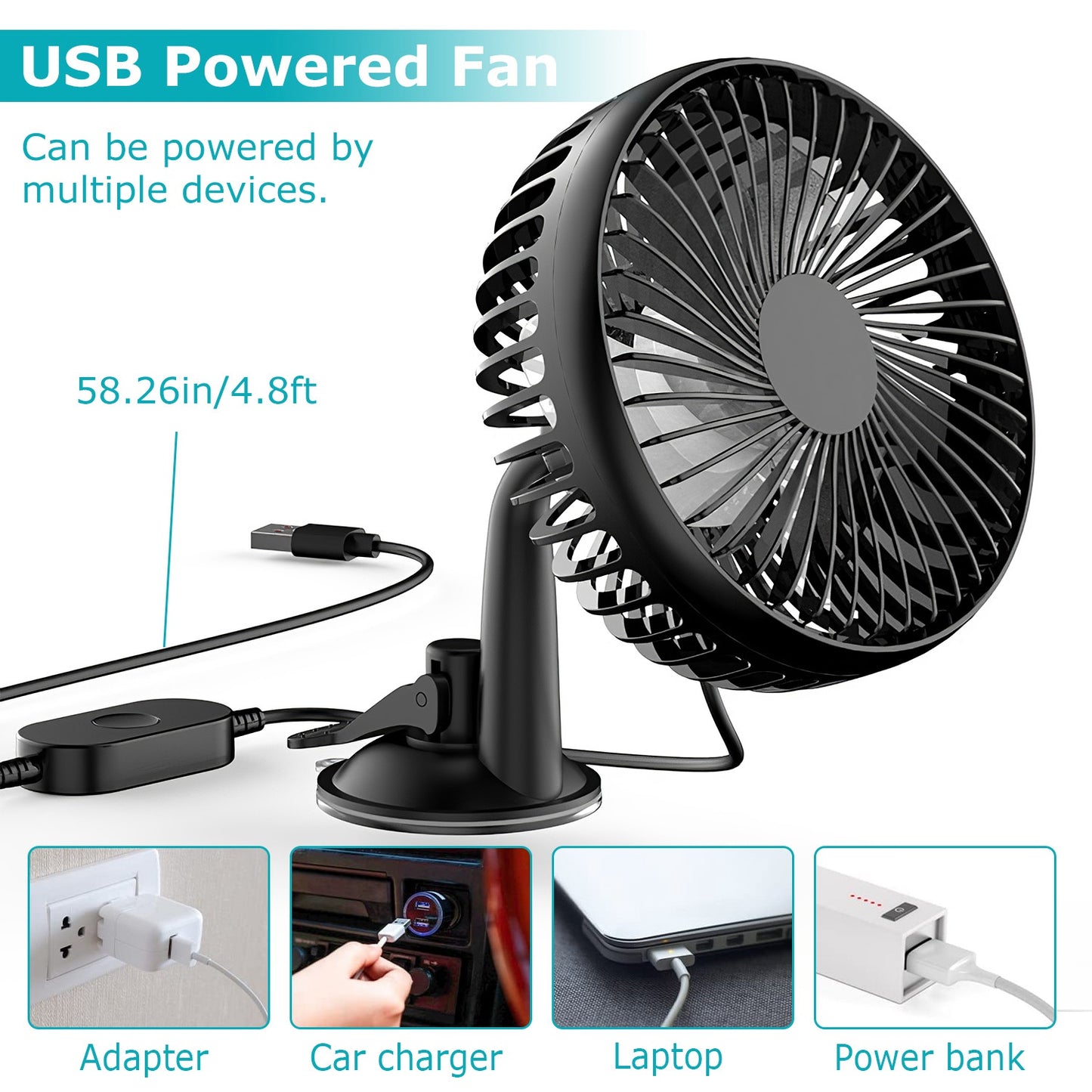 Car Cooling Fan Portable Rotatable USB Vehicle Fan Backseat Clip Fan Dashboard