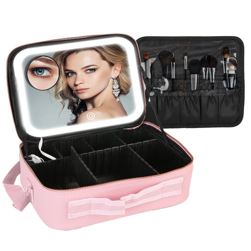 Travel Makeup Bag with LED Mirror Makeup Case Organizer with 3 Light Colors 0106