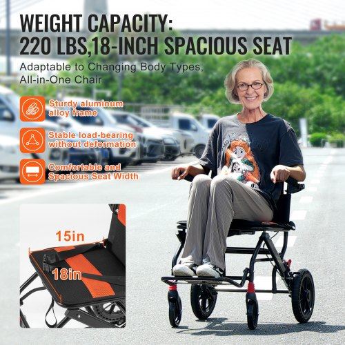 Wheelchair Aluminum Alloy Transport Chair Foldable 18-In W Seat 220lbs