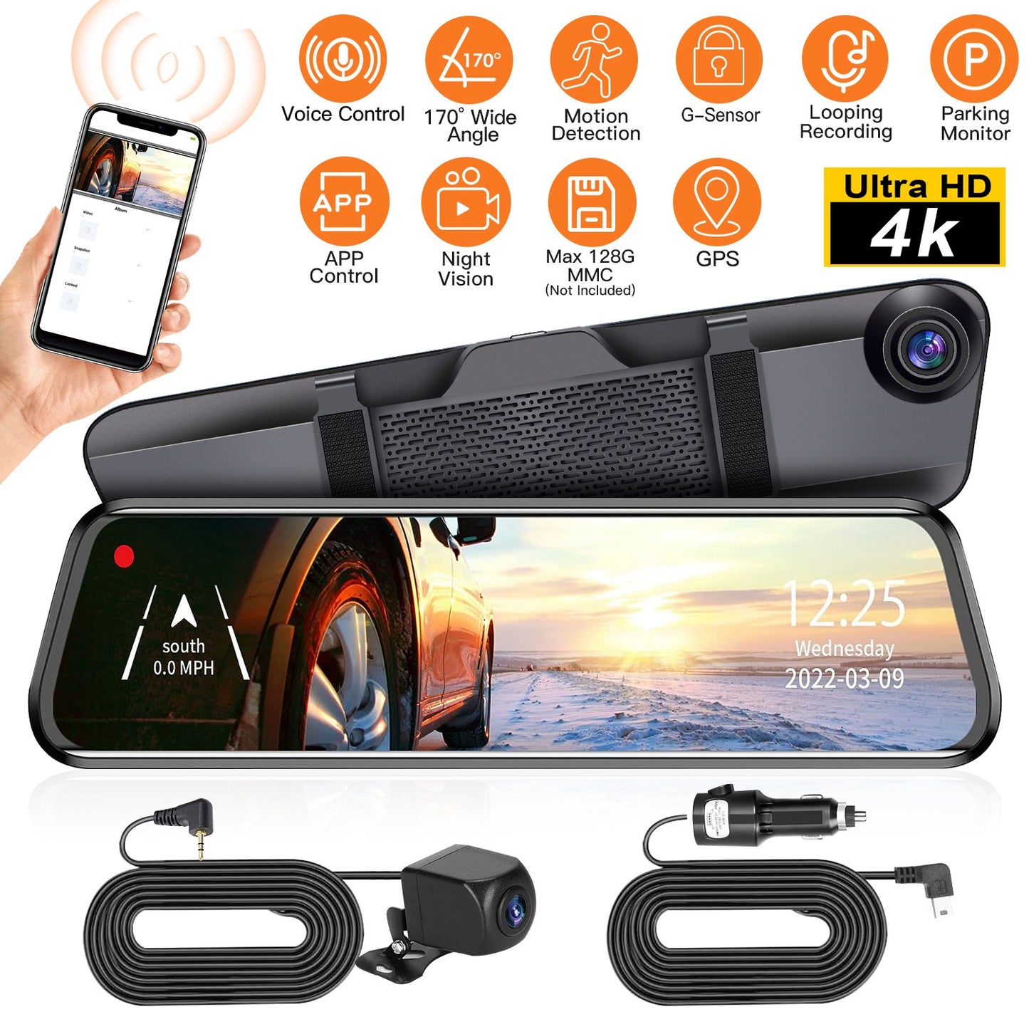 4K Car DVR 12in Dash Cam Camcorder Camera Recorder with 170° Angle Loop