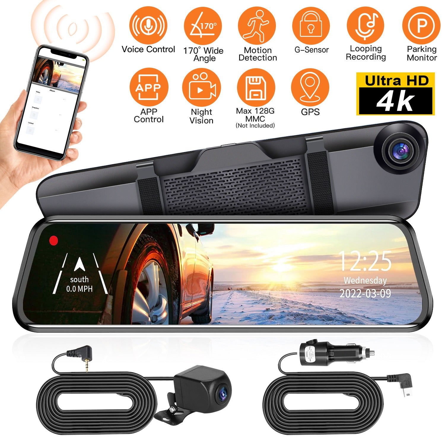 4K Car DVR 12in Dash Cam Camcorder Camera Recorder with 170° Angle Loop