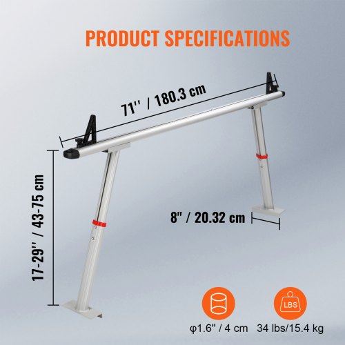Truck Rack 800 lbs Capacity 17-29in Adjustable Height Aluminum Ladder Rack