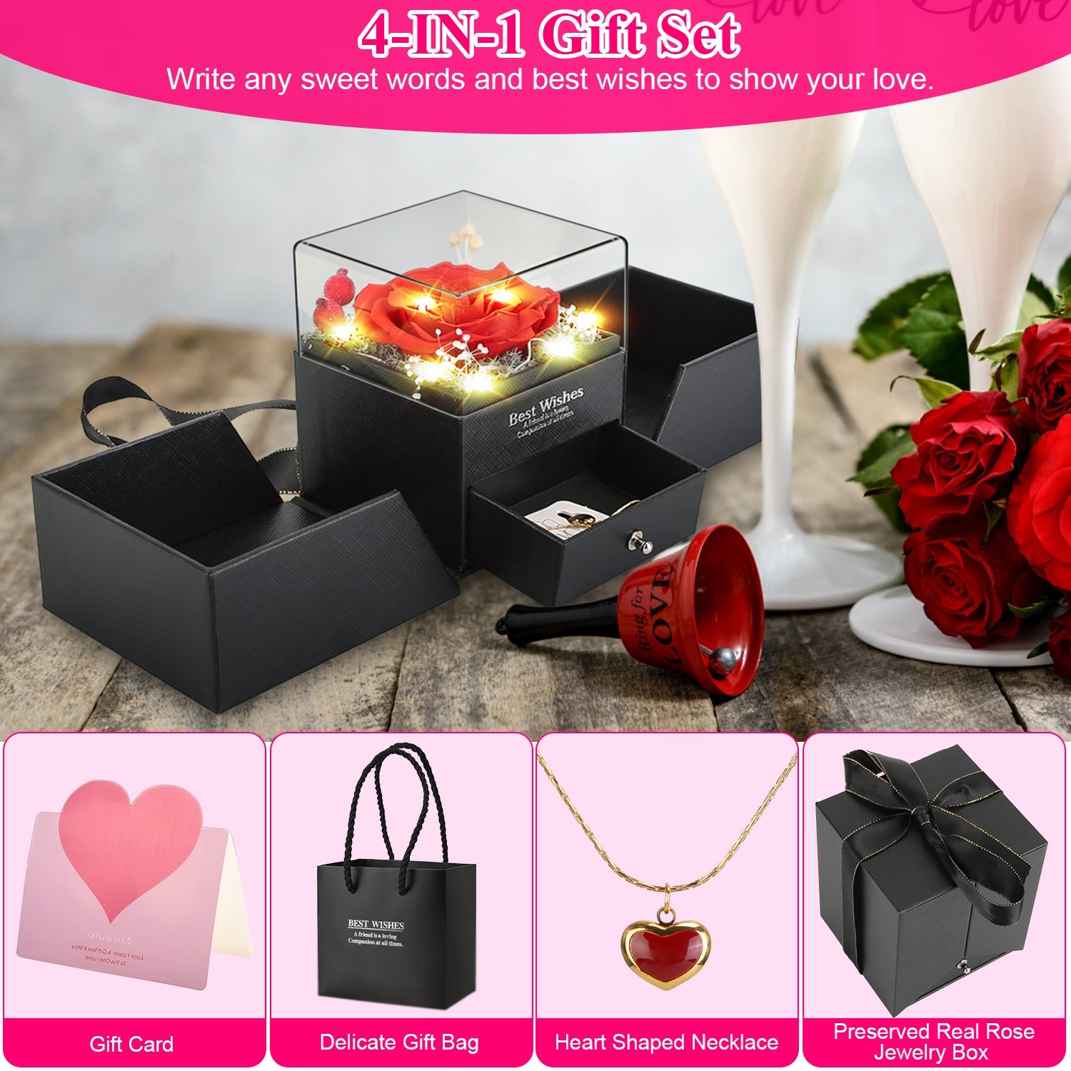 Preserved Red Real Rose with Heart Necklace Eternal Flowers Rose with Golden