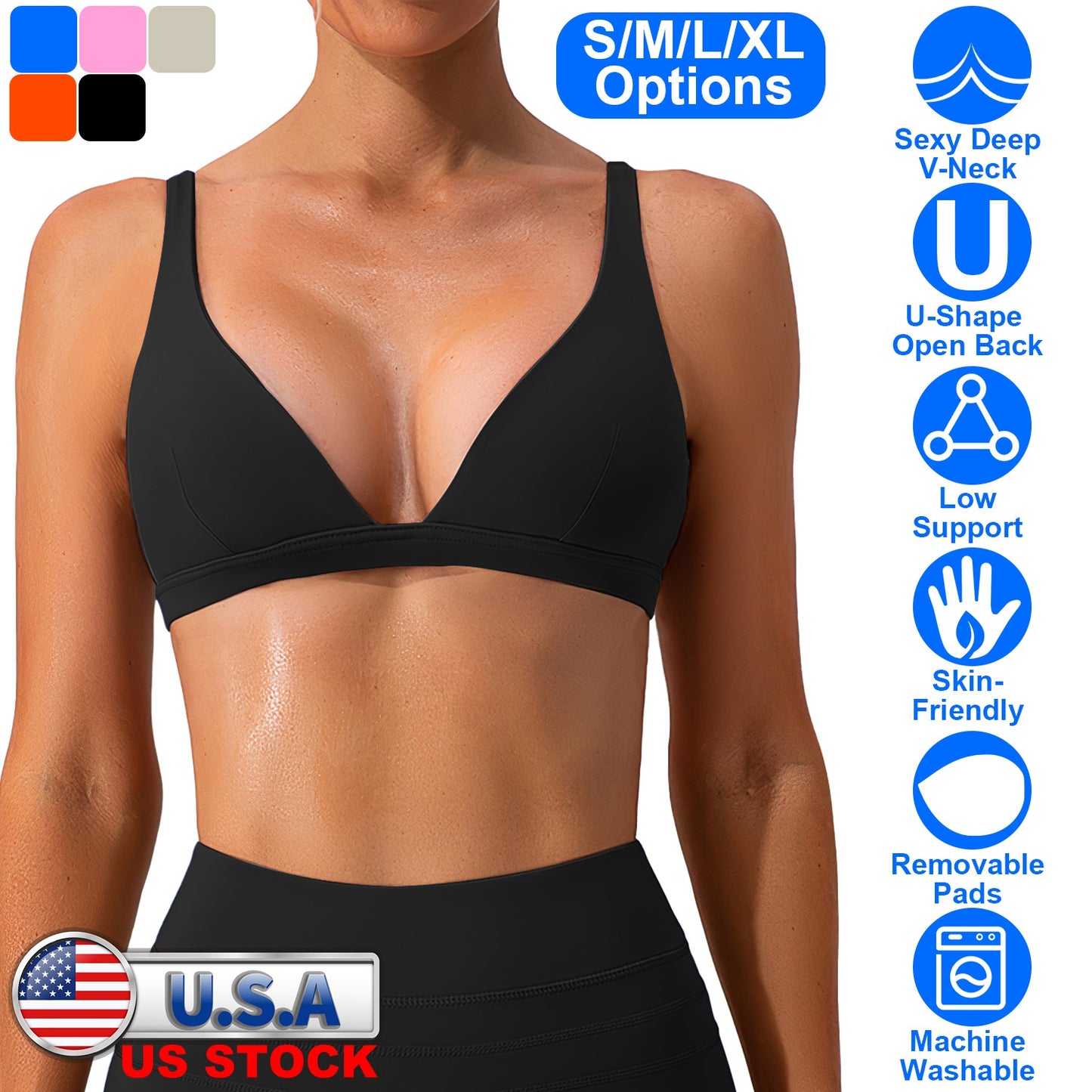 Women Deep V-Neck Sports Bras U-Shaped Back Sport Bras Padded Strappy Crop Open