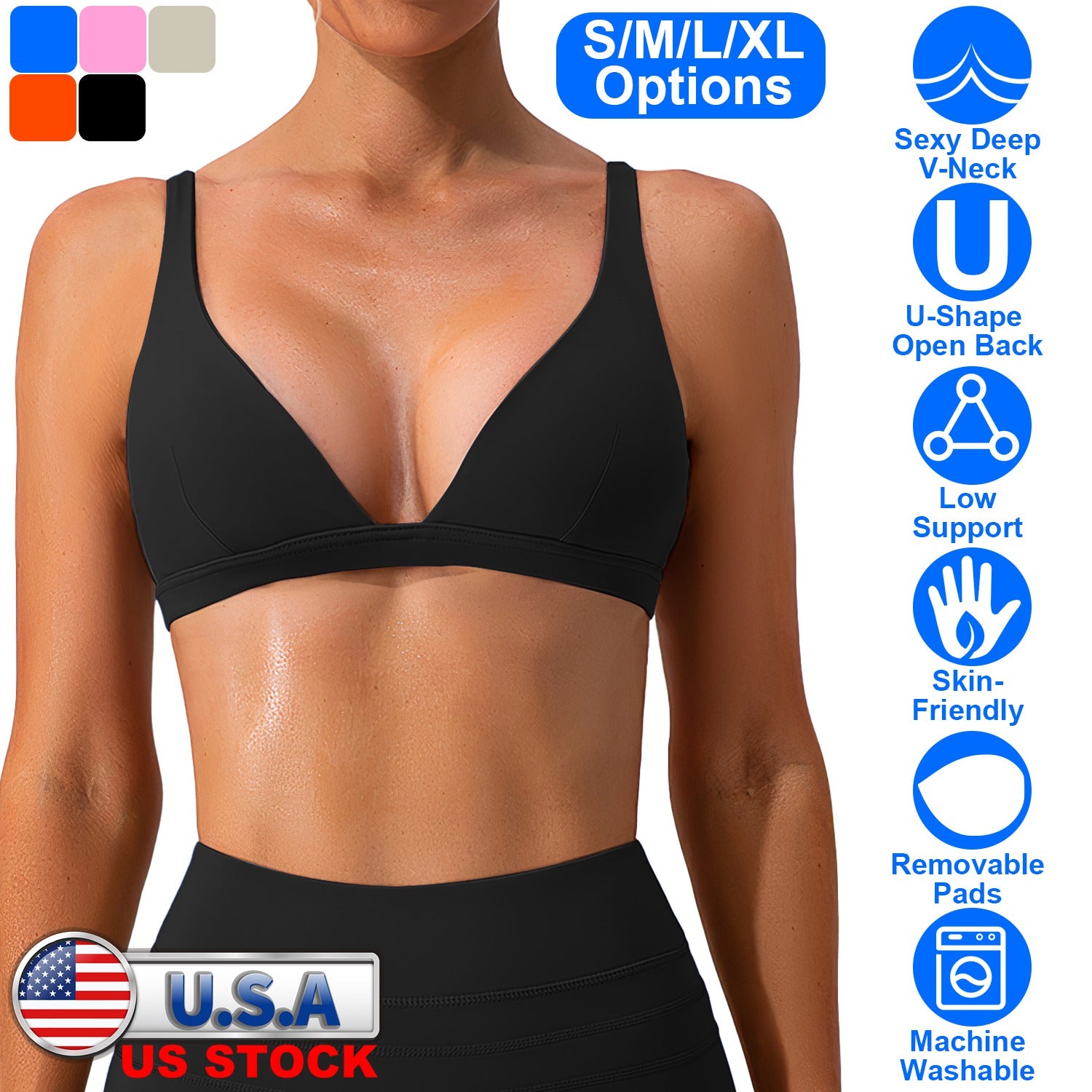 Women Deep V-Neck Sports Bras U-Shaped Back Sport Bras Padded Strappy Crop Open