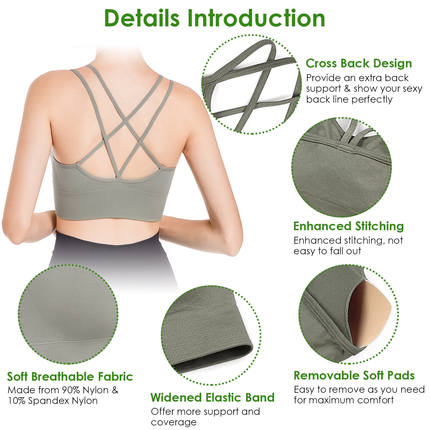 3Packs Women Cross Back Sport Bras Padded Strappy Medium Support Bras Sexy