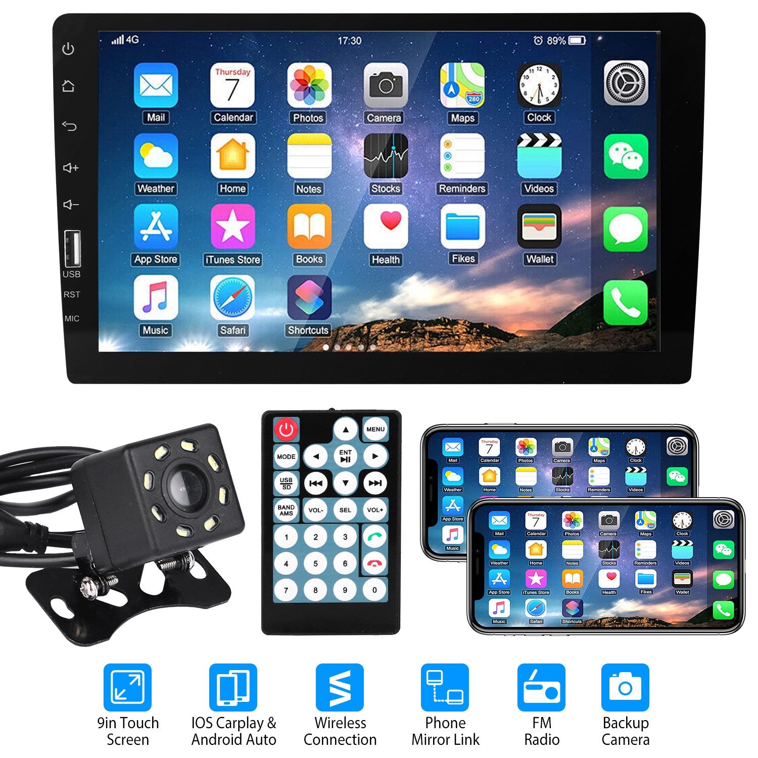 9in Car MP5 Stereo Player Touch Screen 1080P Wireless Car Radio FM USB AUX Back