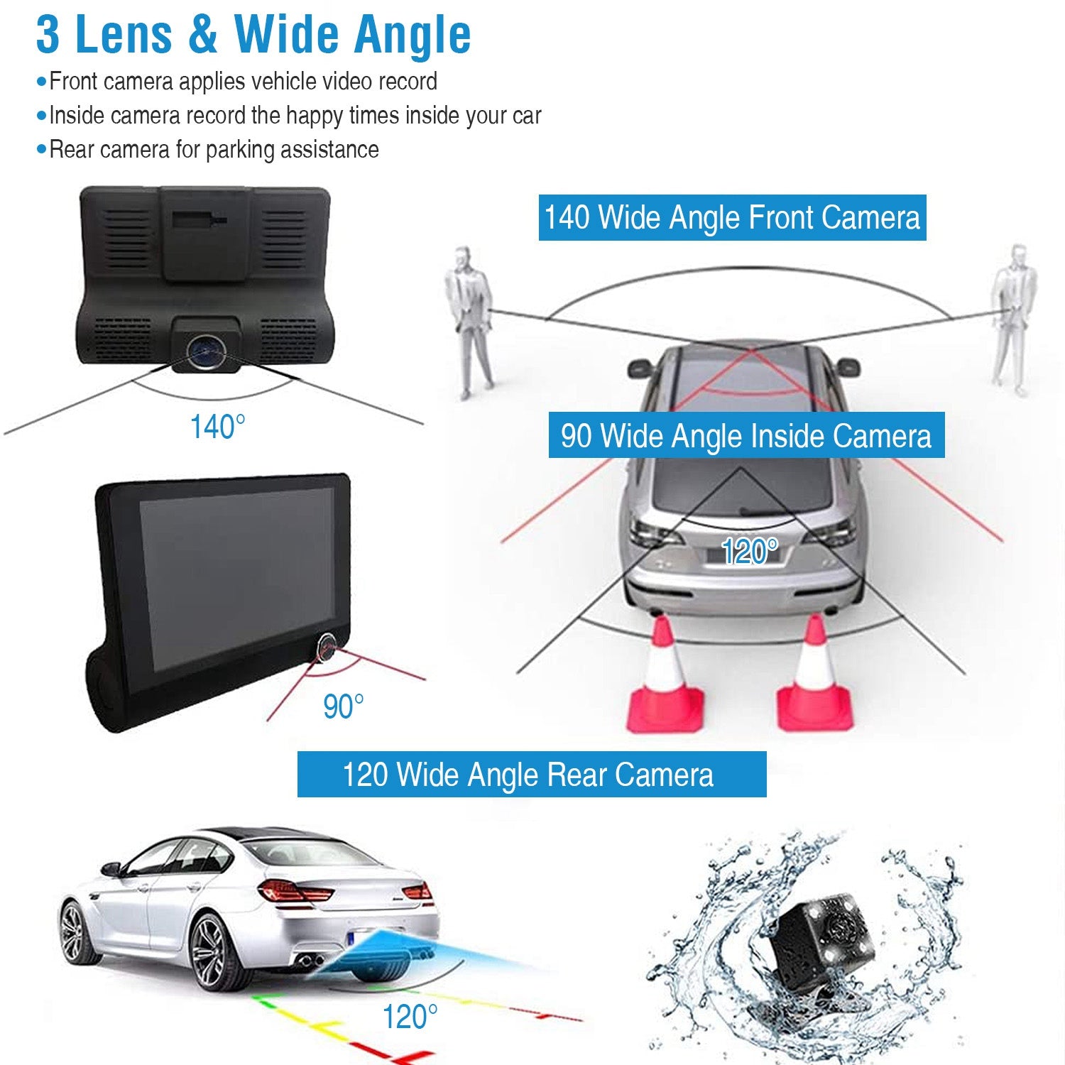 1296P Car DVR Dash Camera 4In 3 Lens Vehicle Driving Recorder Seamless