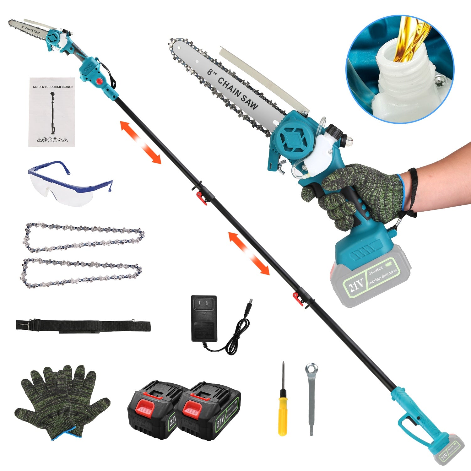 2-IN-1 Cordless Pole Saw And Mini Chainsaw With Extension Pole 21V Battery 0297