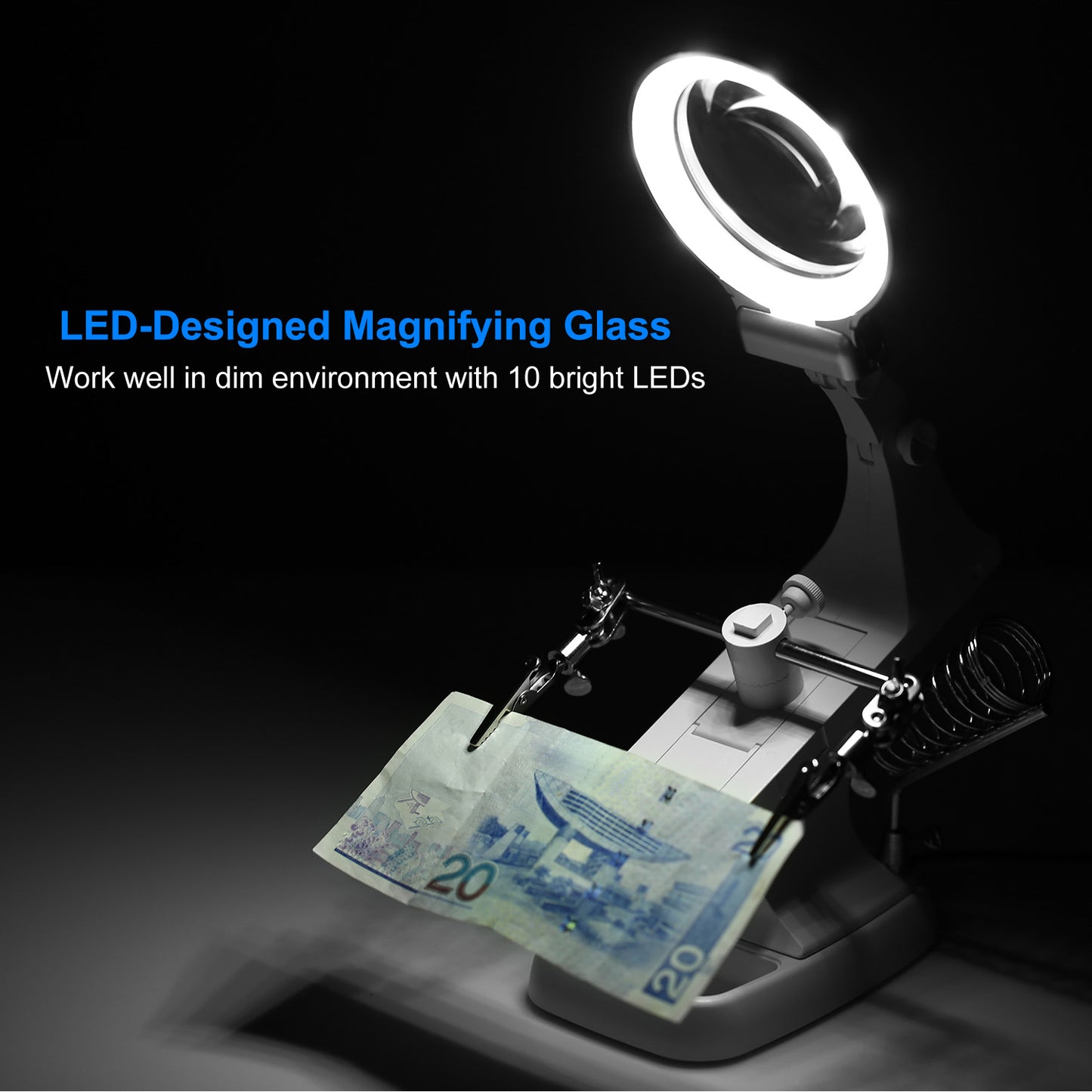 LED Light Helping Hands Magnifying Glass 3X/4.5X w/ 360°Adjust Third Hand