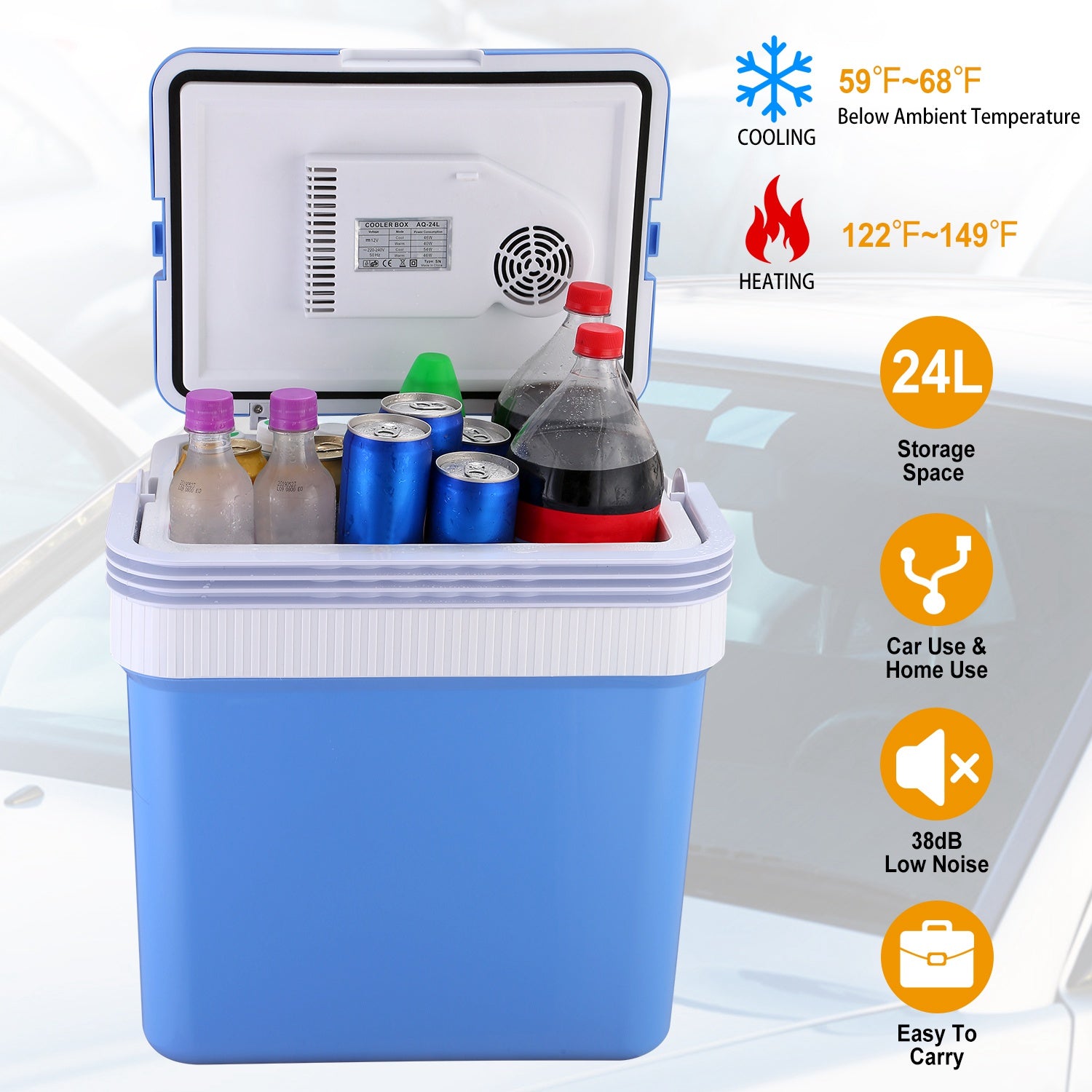 24L Portable Car Cooler 12V Car Refrigerator Travel Cooling Warmer Fridge Box