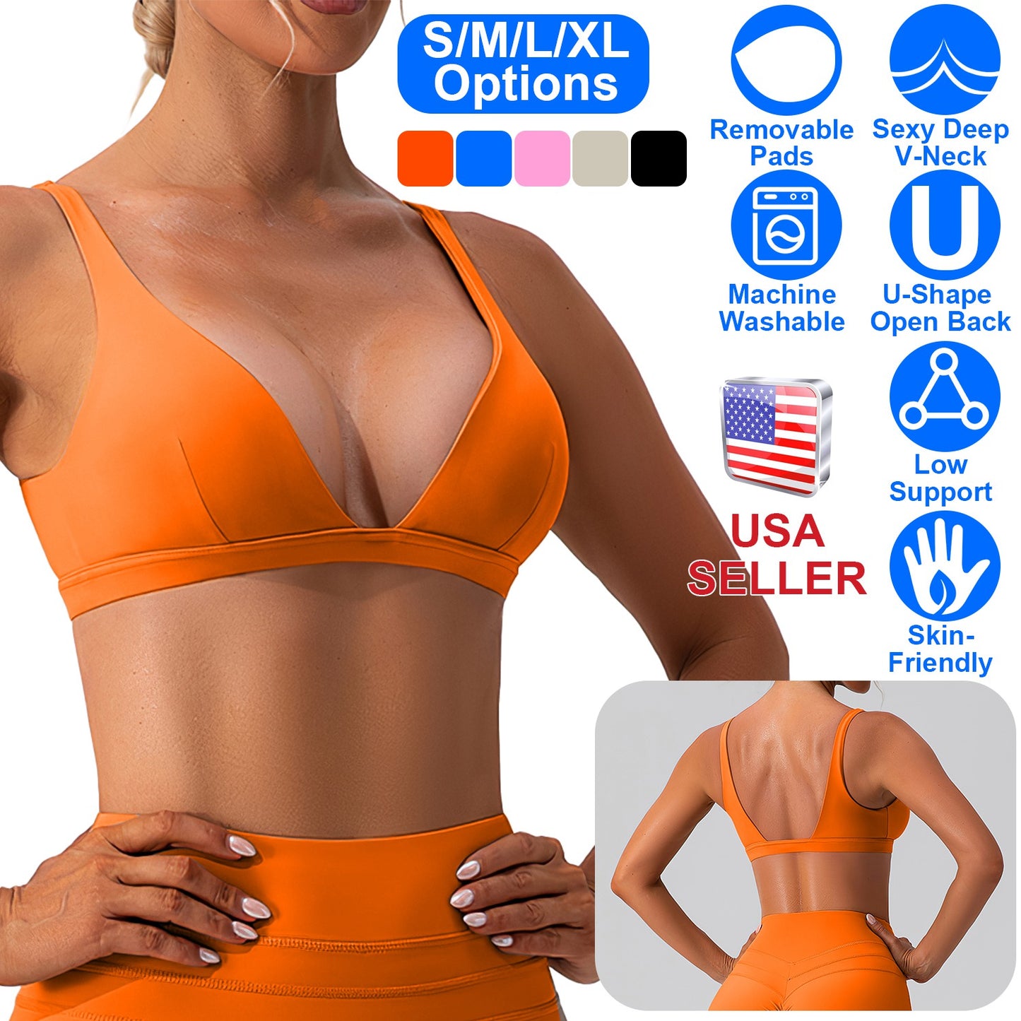 Women Deep V-Neck Sports Bras U-Shaped Back Sport Bras Padded Strappy Crop Open