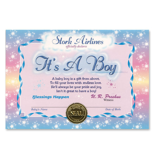 Beistle It's A Boy Certificate - Baby Shower | Party Supply | Decoration