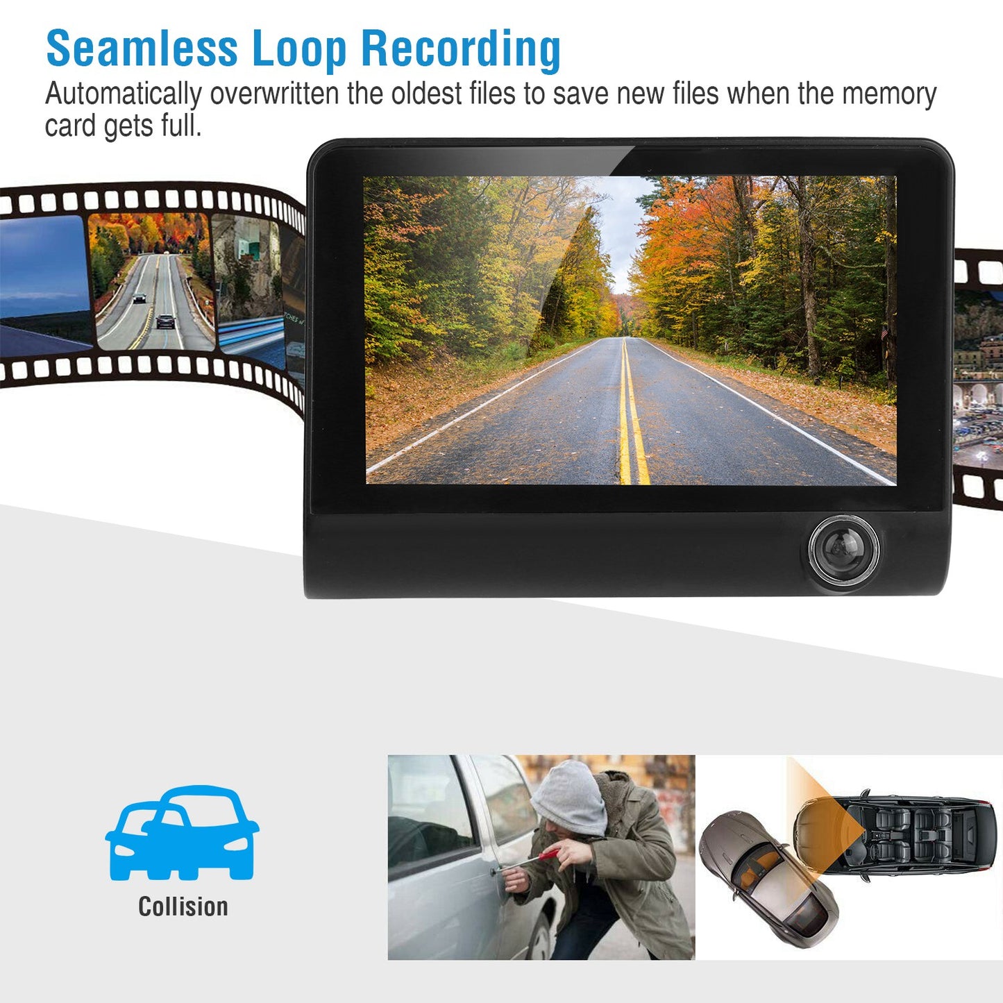 1296P Car DVR Dash Camera 4In 3 Lens Vehicle Driving Recorder Seamless