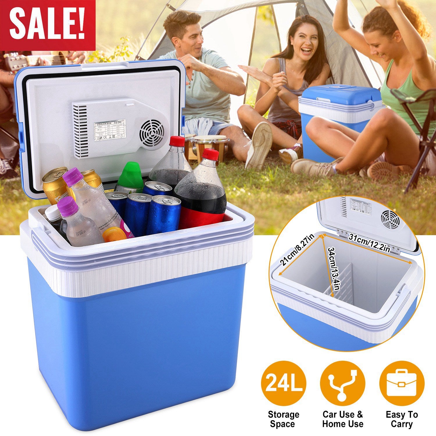 24L Portable Car Cooler 12V Car Refrigerator Travel Cooling Warmer Fridge Box