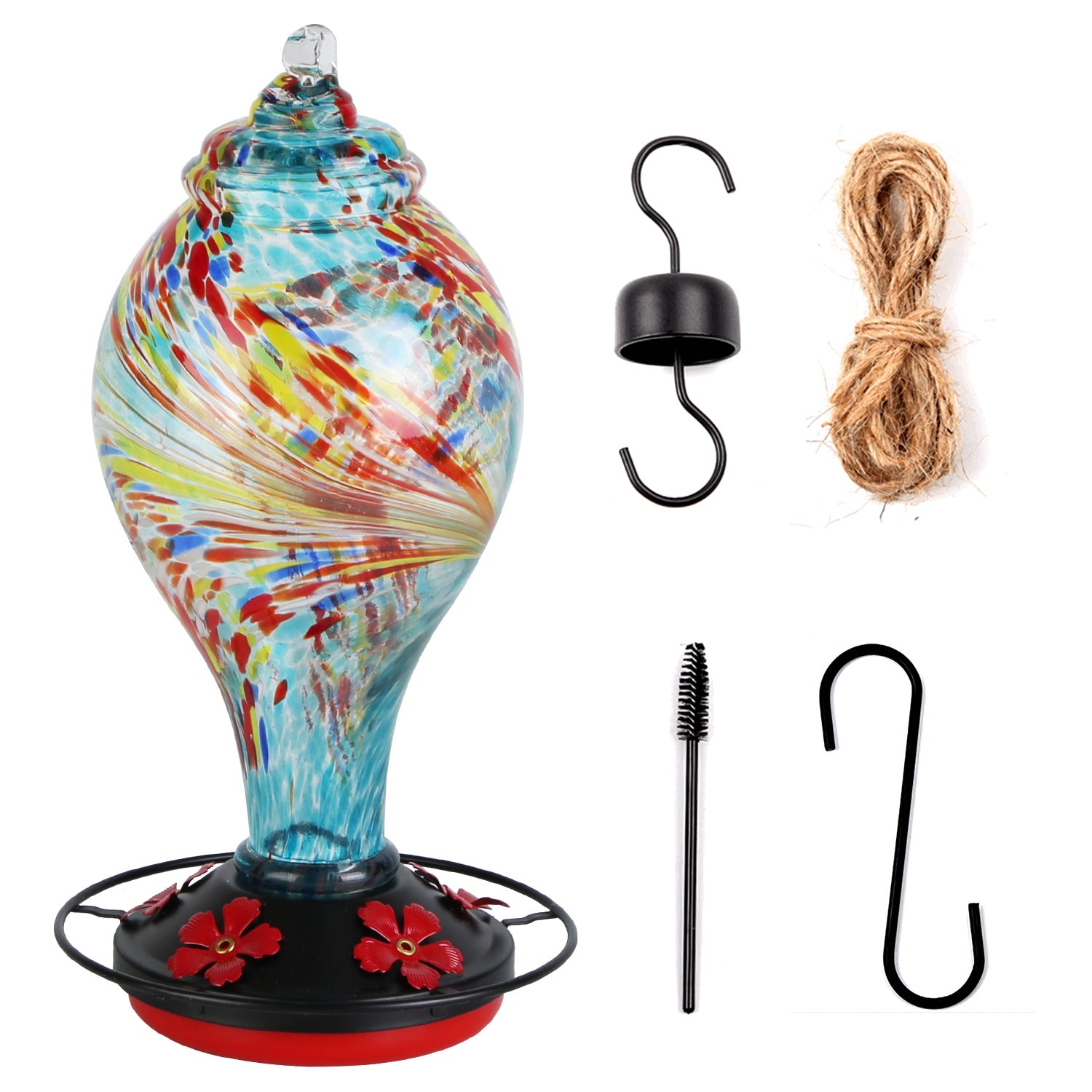 Glass Hummingbird Feeder 33OZ Hand Blown Hummingbird Feeder with 5 Flower