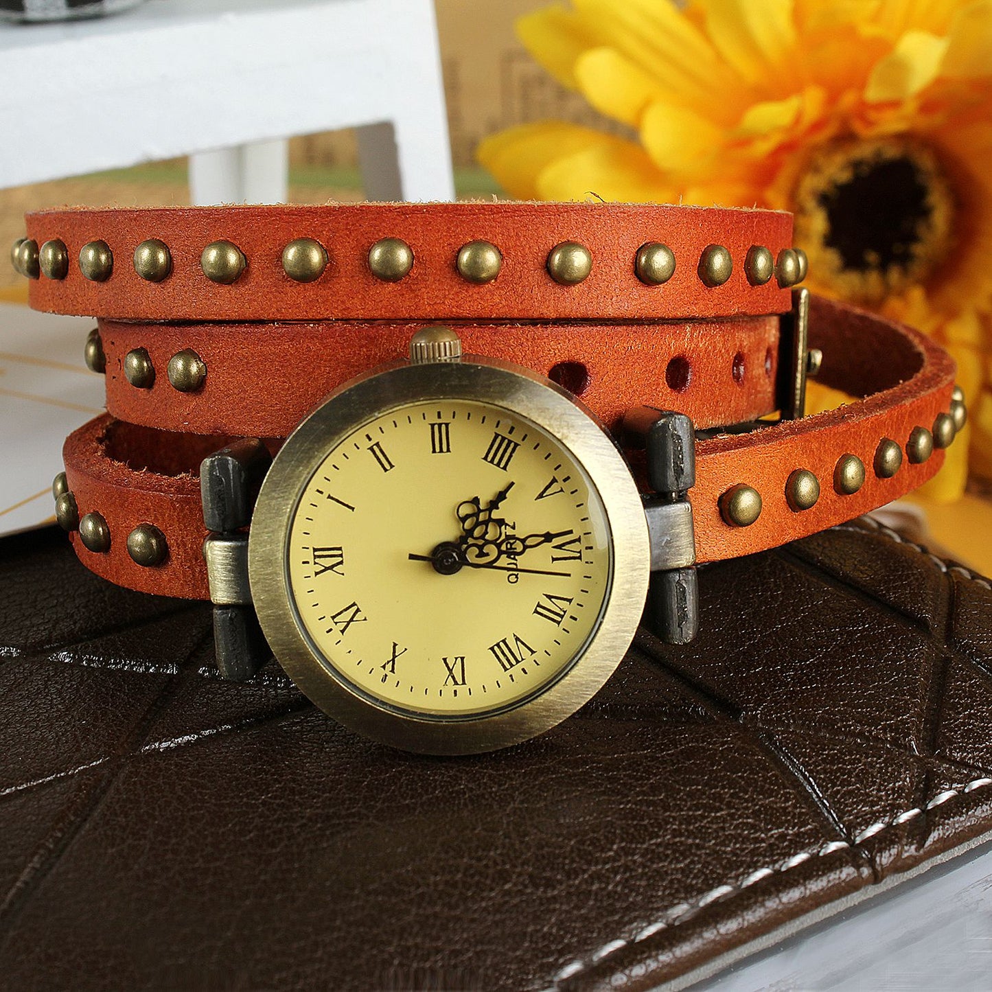 Fashionable Rivet Leather Belt Retro Watch Hand Chain-orangered Apparel &
