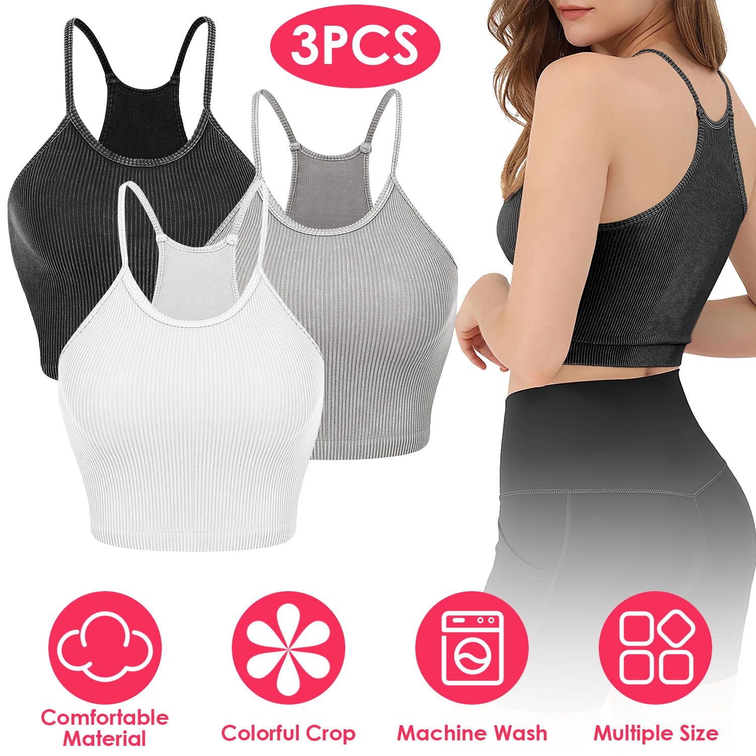 3 Pack Women Crop Basic Tank Top Ribbed Knit Sleeveless Round Neck 9 Color