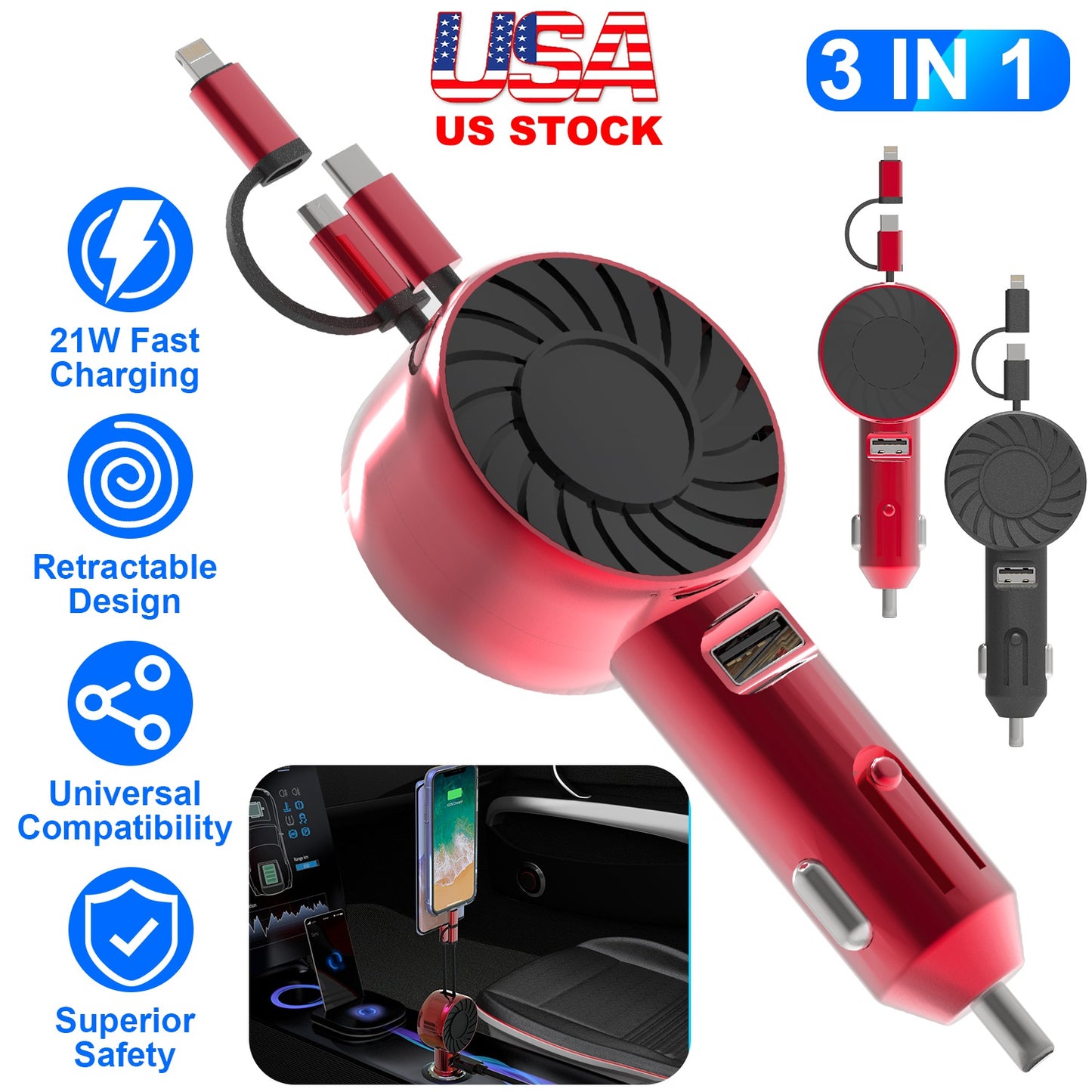 21W 3 In 1 Retractable Car Charger Fast Car Charger Mini Car Phone Charger with