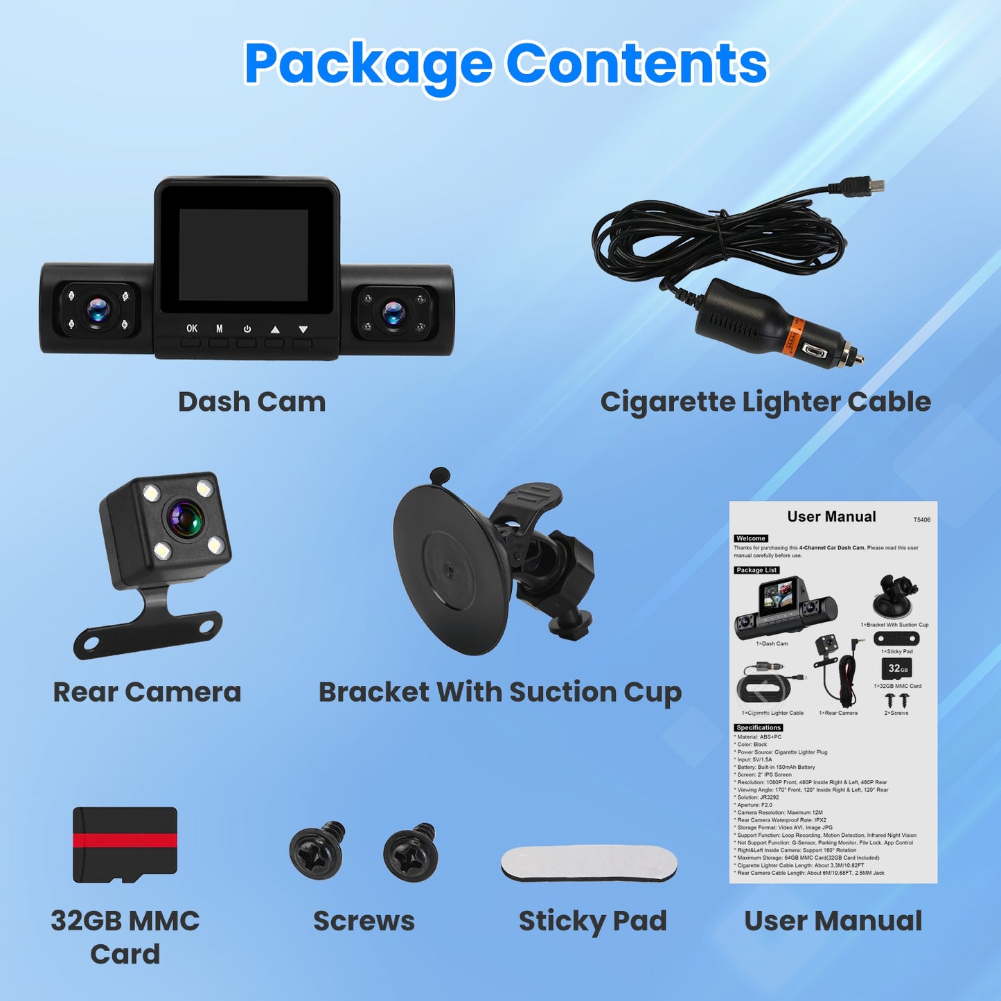 360° View FHD 4 Channel Dash Cam 1080P Front 480P Rear Left Right Inside Dash