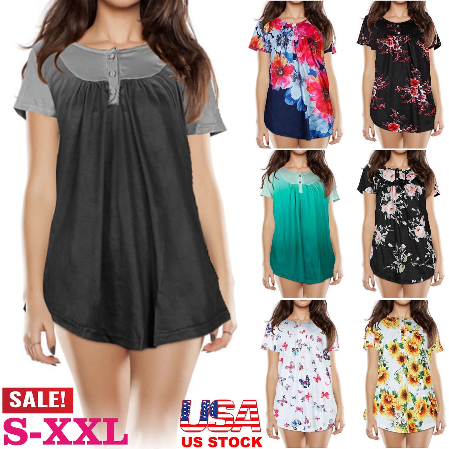 Women Summer Shirts Tops Loose Short Sleeve T Shirts Casual Floral Printed