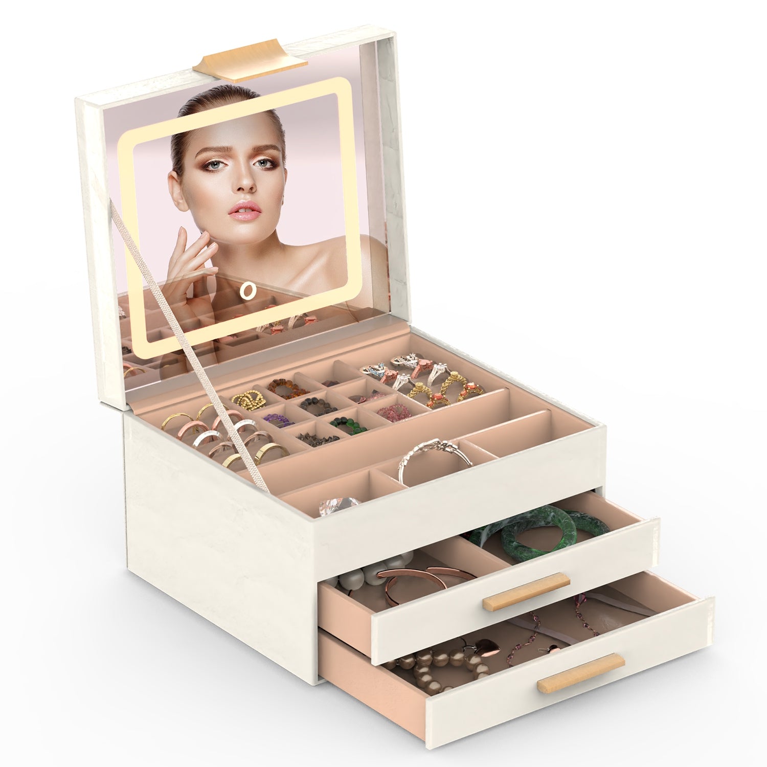 Jewelry Box with LED Mirror 3-Layer Jewelry Organizer with 2 Drawers PU Jewelry