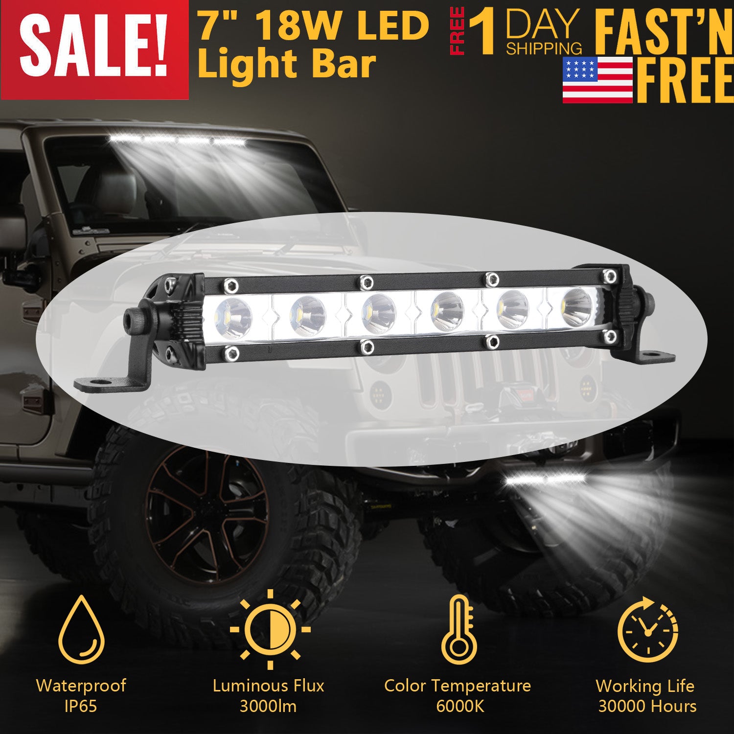 7" LED Light Bar Single Row Offroad Spot Lights 18W Ultra Slim Straight Work