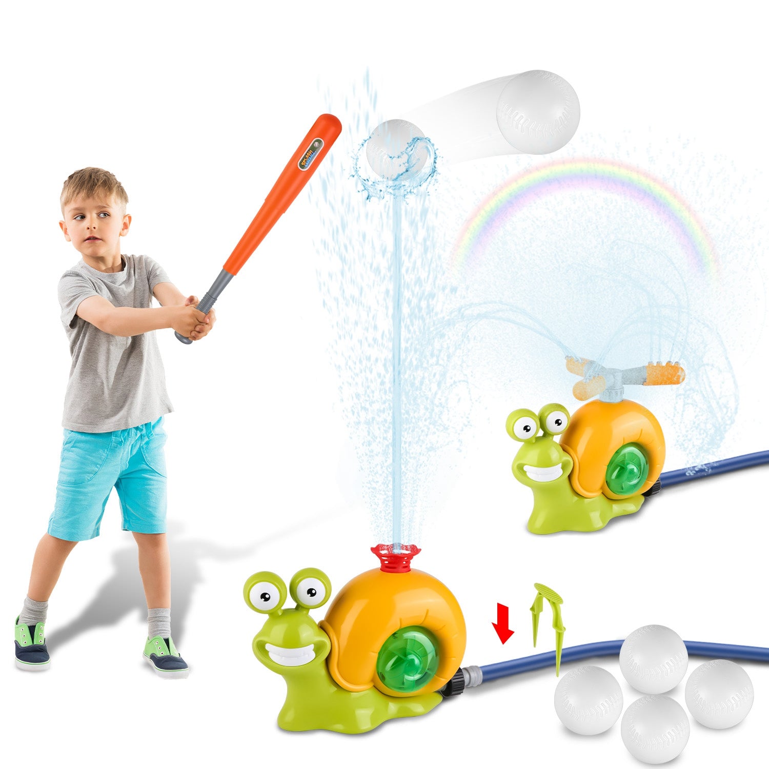 2 In 1 Snail Water Sprinkler Baseball Toy With 2 Sprinkler Nozzles 360°