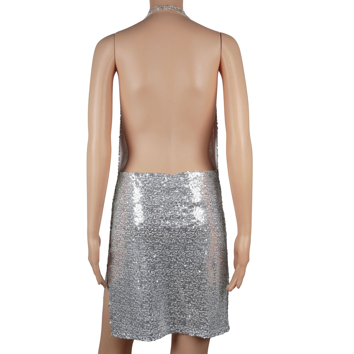 Sexy Women Chain Choker Side Slit Backless Slip Dress With Sequins Apparel &
